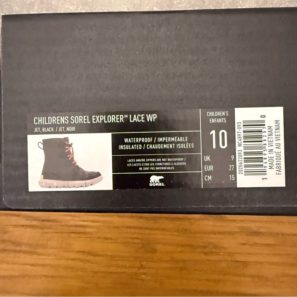 Sorel Explorer Lace WP Children’s Waterproof Insulated Boots Jet Black Size 10 - Picture 11 of 12